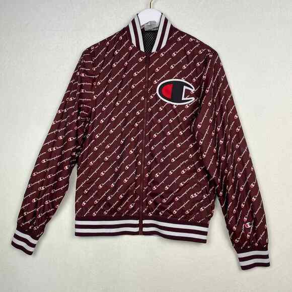 Champion Logo Men's Small Brown Athletic Bomber Satin Baseball Jacket Y2K - Picture 1 of 11